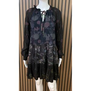 Sacred Threads Women's Floral Tropical Tiered Mini Dress Black Boho Rayon S/M